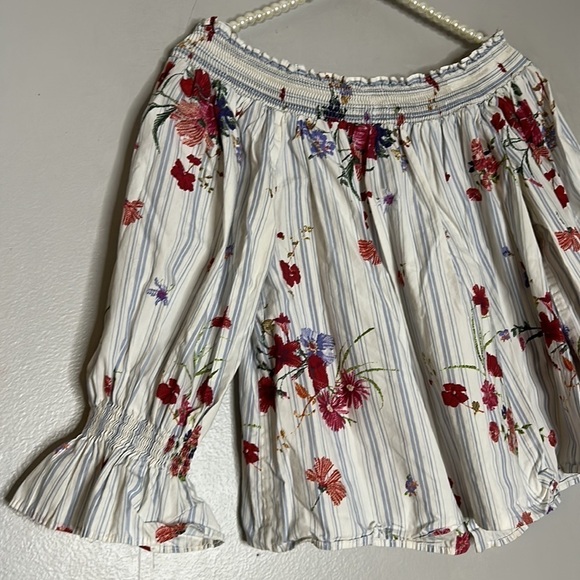 Zara women’s large garden floral stripe smocked romantic off the shoulder large - Picture 4 of 9